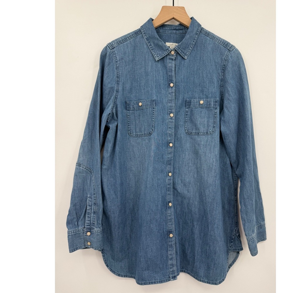 J Jill Denim Shirt Womens Medium Blue Solid Cotton Pearl Snap Western Tunic Long